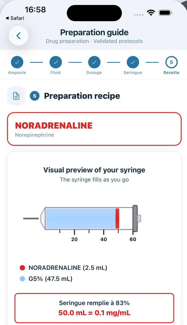 Syringe preparation guide in INRO: ampoule, diluent, concentration and infusion rate, step by step