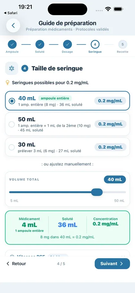 Étape 4 : taille de seringue, 40 mL avec ampoule entière, 8 mg dans 40 mL égale 0,2 mg/mL